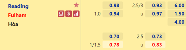 Tỷ lệ kèo giữa Reading vs Fulham